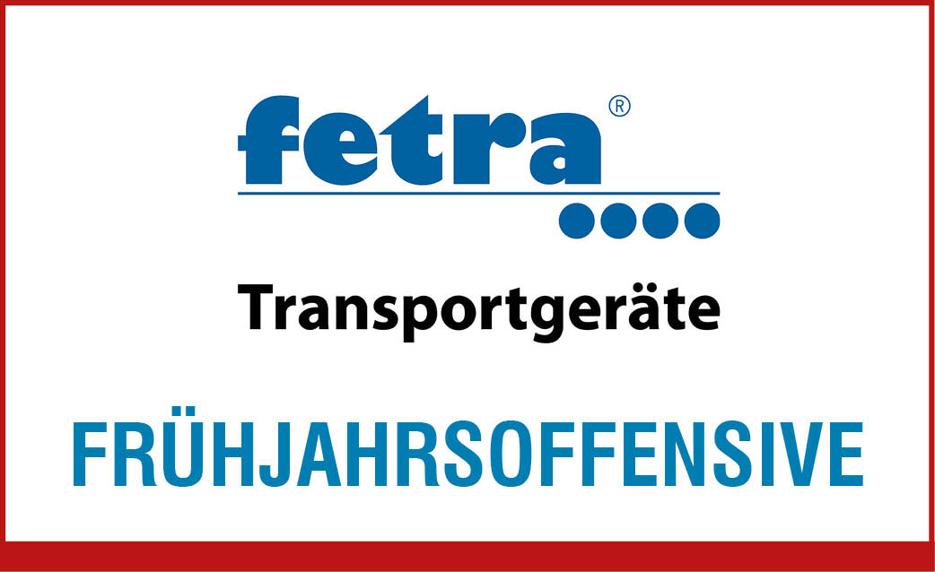 In einem roten Rahmen liegt oben das Logo von Fetra und darunter steht in blau Frühjahrsoffensive. Am unteren Rand ist ein dickerer roter Rand.