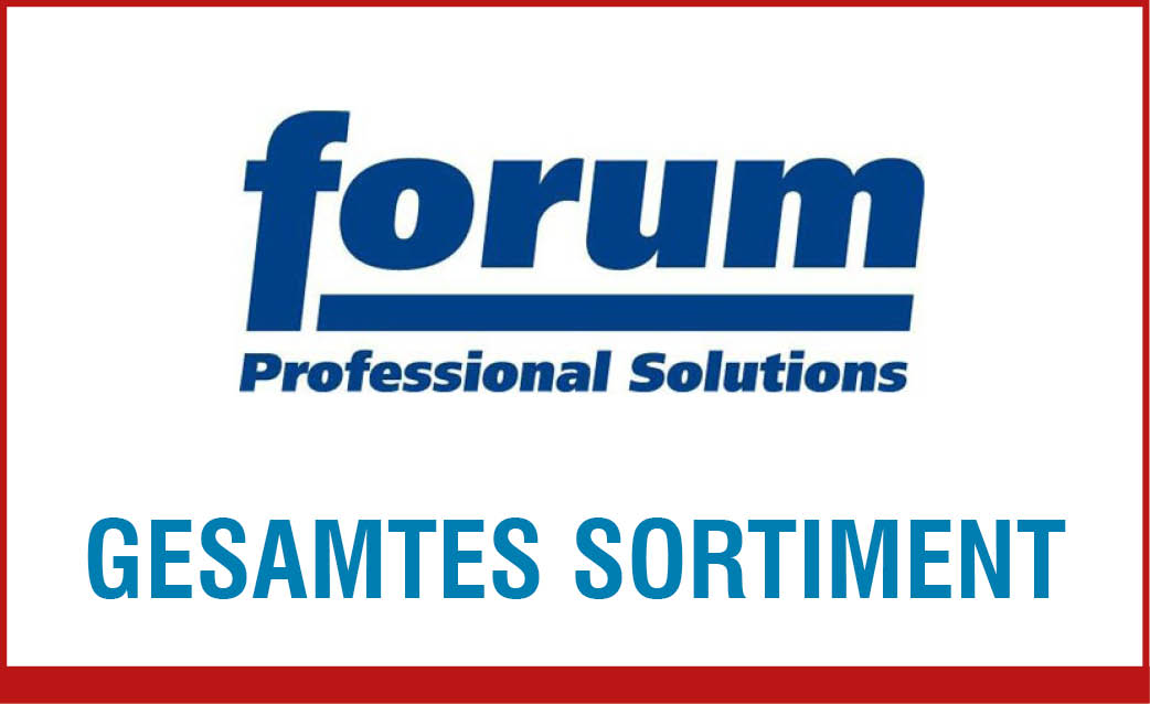 In einem roten Rahmen liegt oben das Logo von Forum und darunter steht in blau Gesamtes Sortiment. Am unteren Rand ist ein dickerer roter Rand.