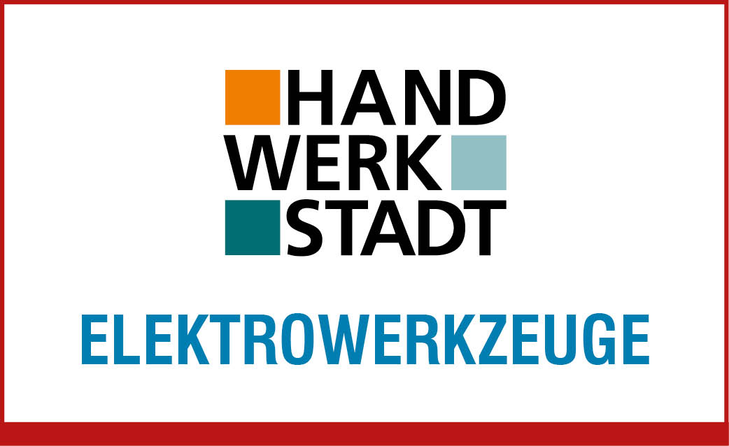 In einem roten Rahmen liegt oben das Logo von der Handwerkstatt und darunter steht in blau Elektrowerkzeuge. Am unteren Rand ist ein dickerer roter Rand.