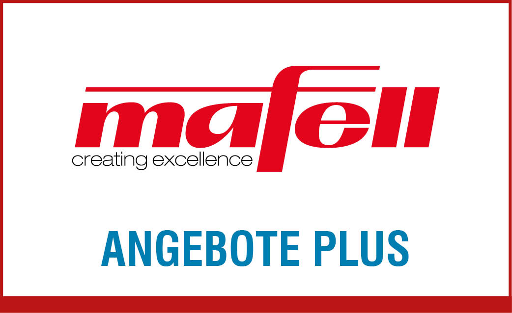 In einem roten Rahmen liegt oben das Logo von Mafell und darunter steht in blau Angebote Plus. Am unteren Rand ist ein dickerer roter Rand.